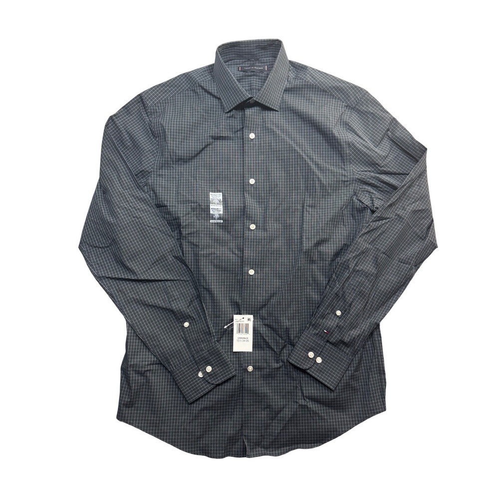Tommy Hilfiger TH Flex Pinpoint Dress Shirt Green Multi Plaid 15.5 34/35 M NEW